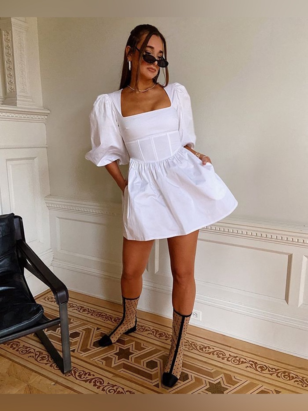 Danielle Bernstein White Corset Puff Sleeve Cotton Poplin Mini Dress, size 8
